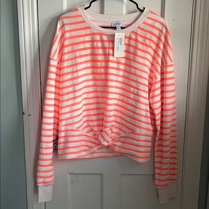 NWT EVEREVE Noah Stripe Spring Summer Sweatshirt Neon Coral White Stripe Medium